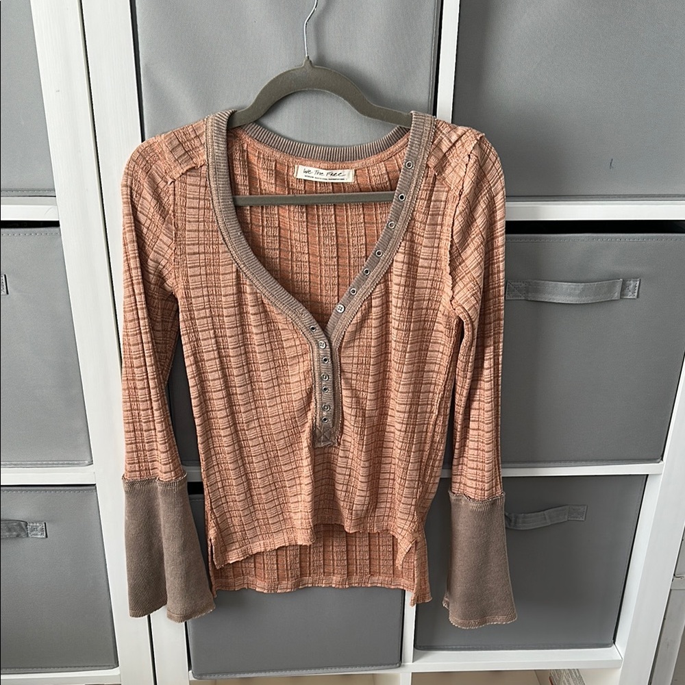 Free people Women's Ribbed Button-Up Top - Peach and Gray